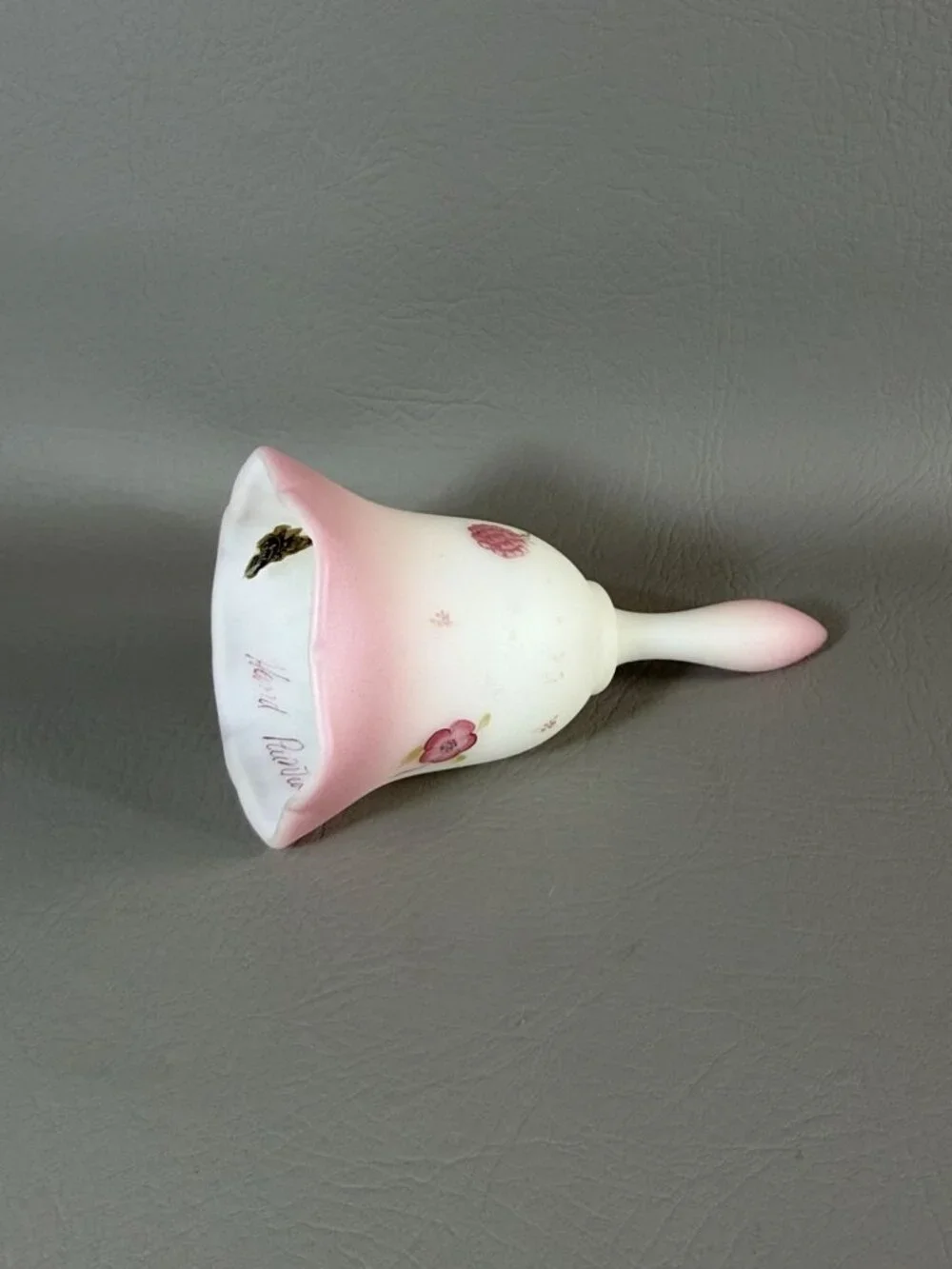 Vintage Fenton Art Glass Bell Hand-Painted Floral Signed C. Smith Pink Satin